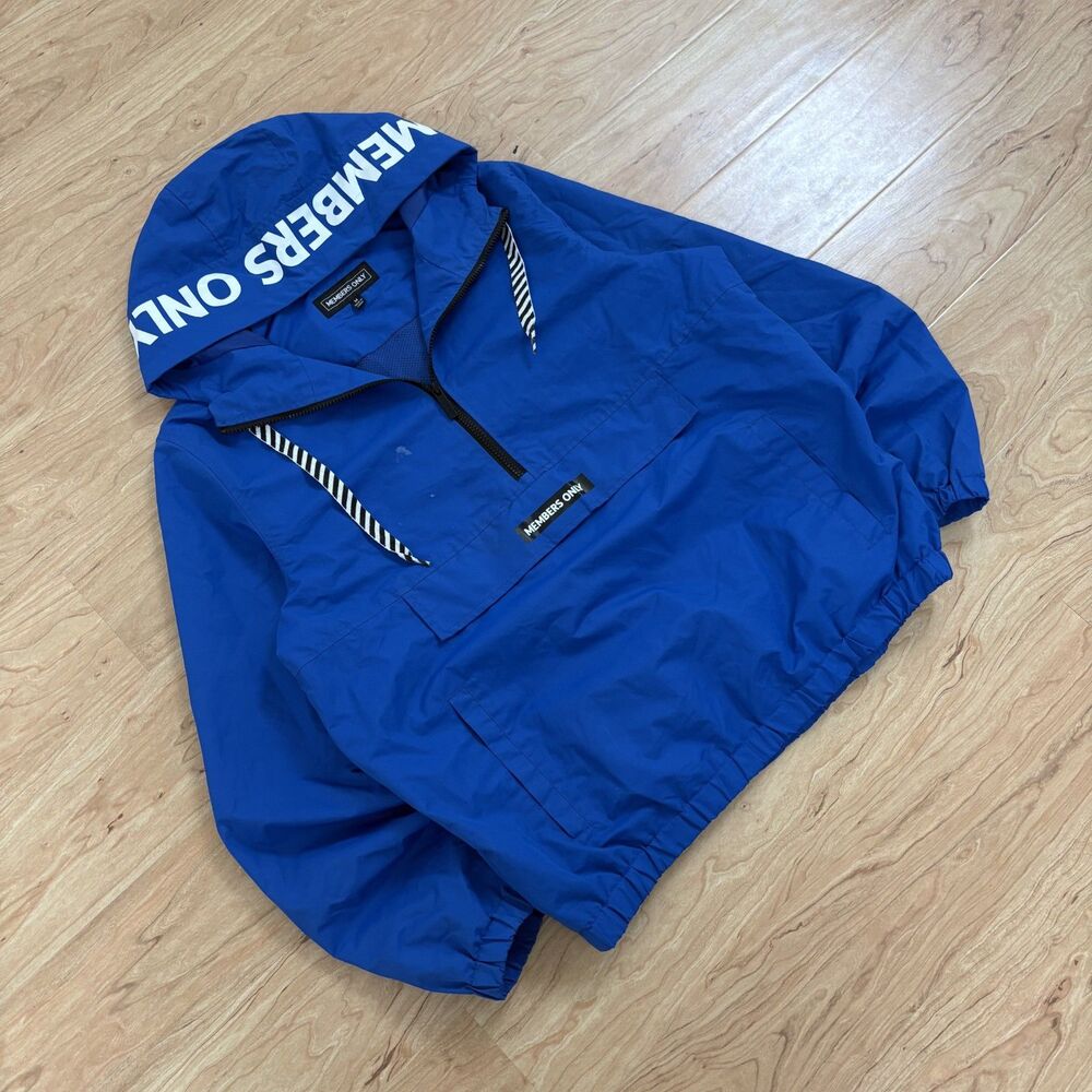 Members Only Blue Hooded Pullover Windbreaker Jacket Men's M Streetwear